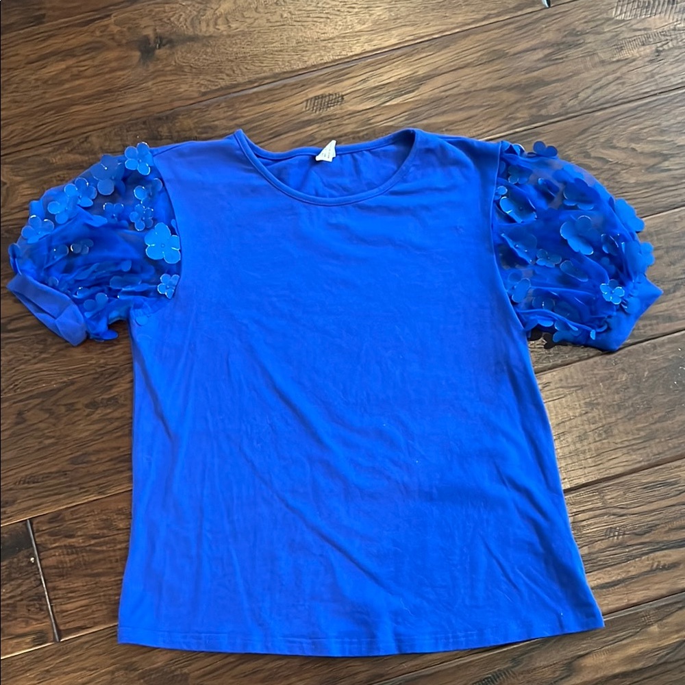 Blue Top with Floral Sleeves